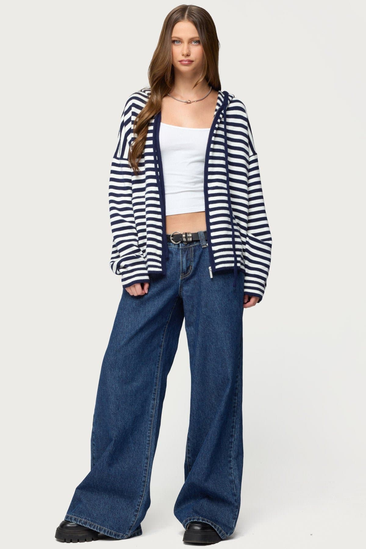 Safari Striped Knit Zip-Up Hoodie - Oversized Acrylic Fit with Contrast Trim