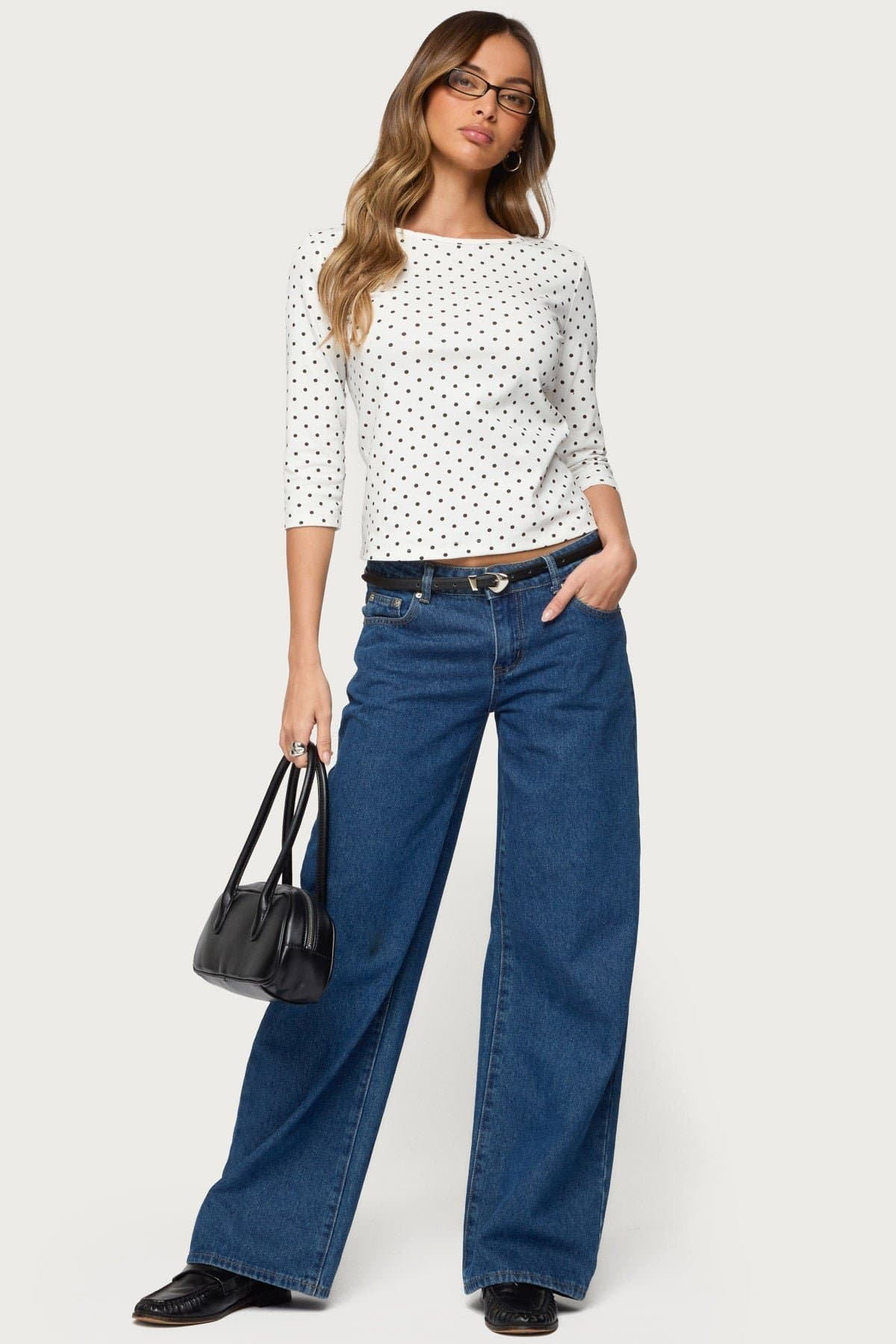 Lela Polka Dot Print Quarter Sleeve Top - Cotton Polyester Spandex Blend