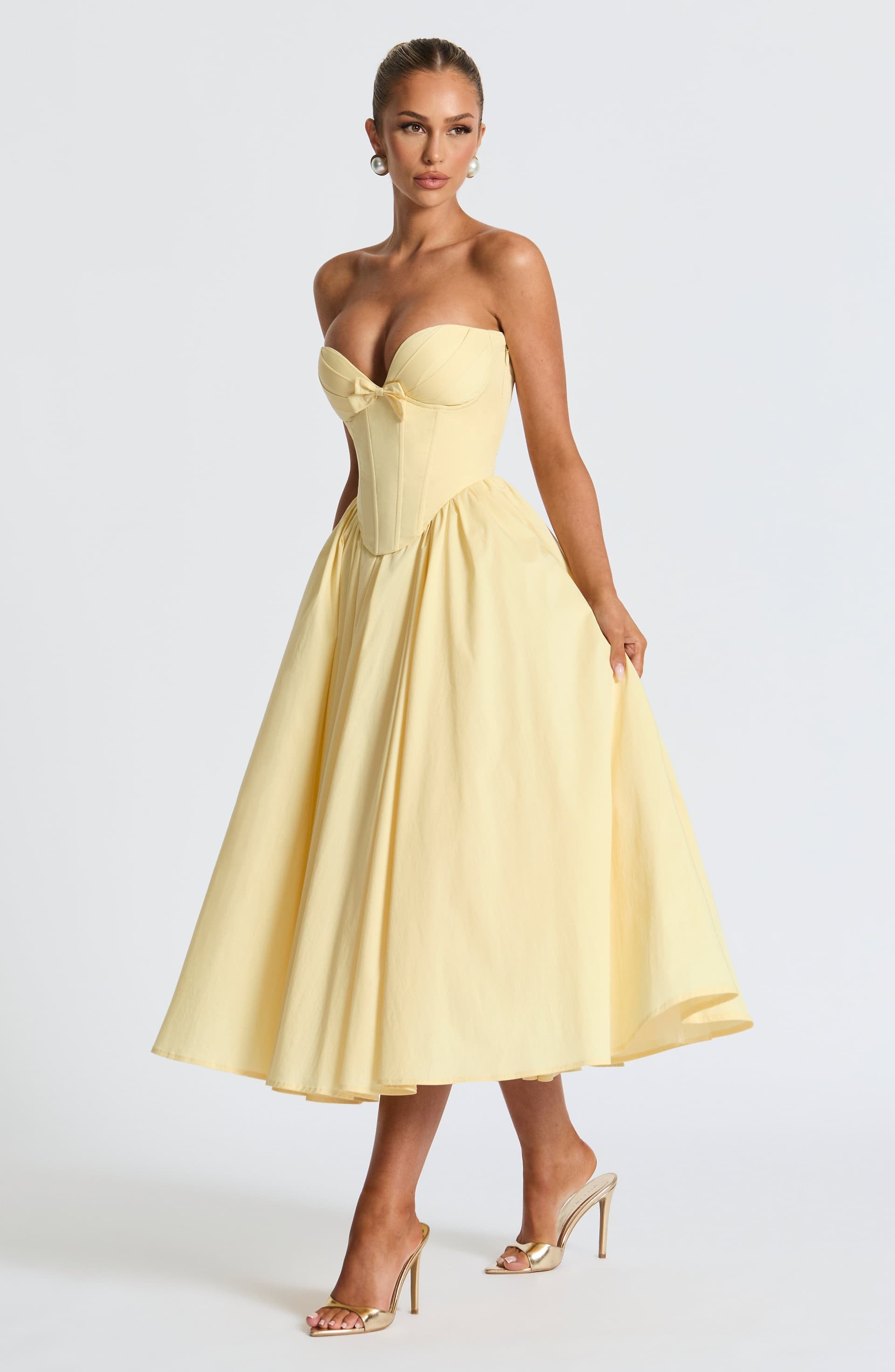Prim Midi Dress Lemon Strapless Plunge Neckline Cotton Nylon