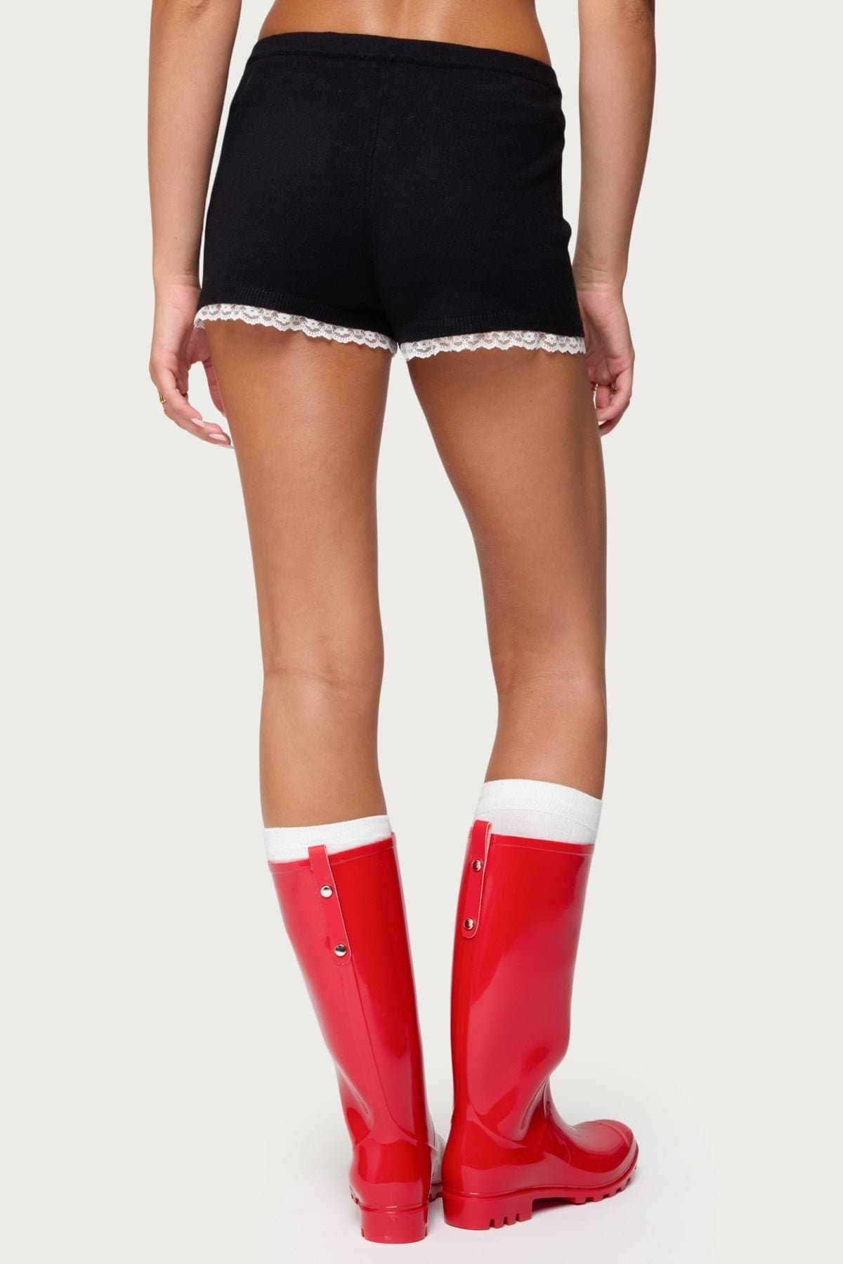 Sansa Lacey Knit Micro Shorts - Rayon Polyester Nylon, Contrast Lace Trim