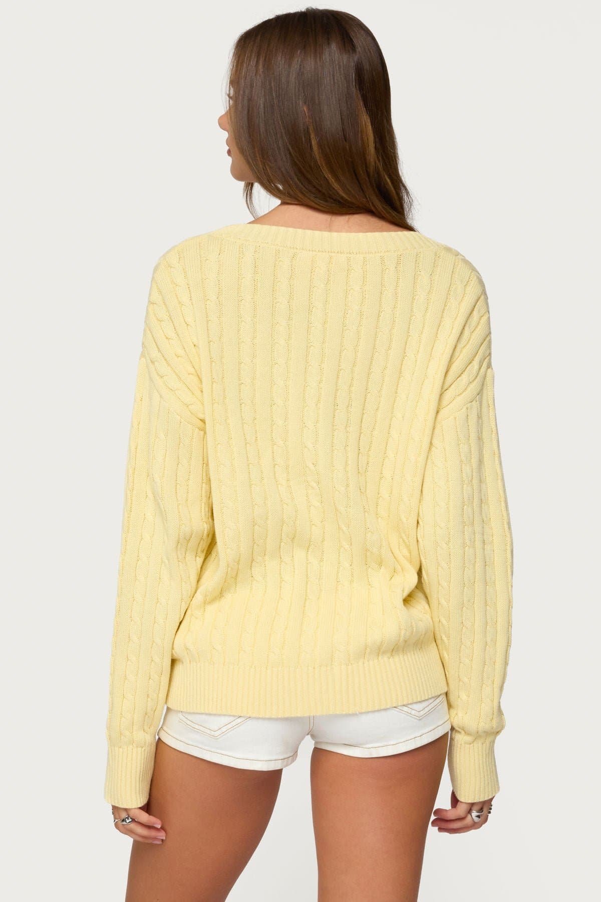 Francine Oversized V Neck Cotton Cardigan - Ribbed Cable Knit Button Front