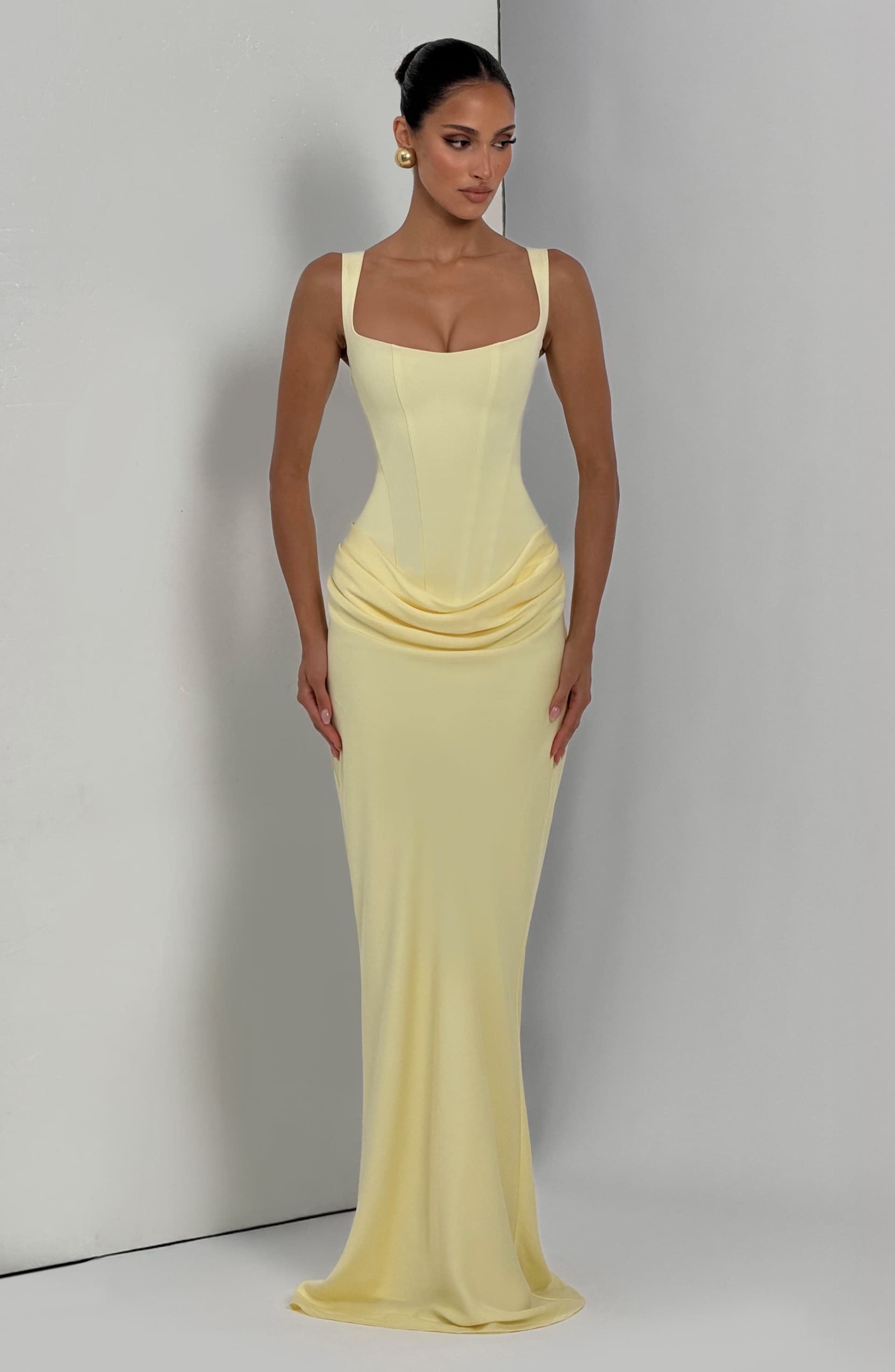 Cornelia Maxi Dress - Lemon Yellow Crepe Bodice Lyocell Skirt