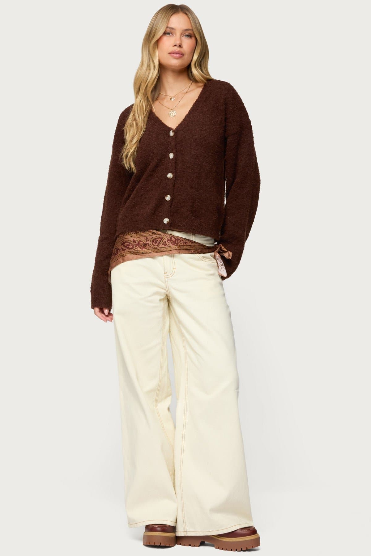 Jade Knitted Cardigan - Long Sleeve Textured Knit Polyester Nylon Button Front