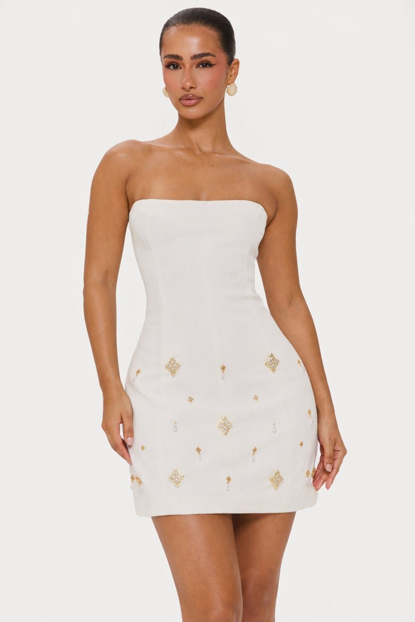 Sacred Bandeau Woven Mini Dress with Boned Corset and Lace-Up Back