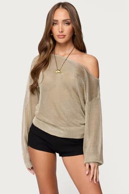 Charlo Off Shoulder Shiny Knit Top - Long Sleeve Rayon Metallic