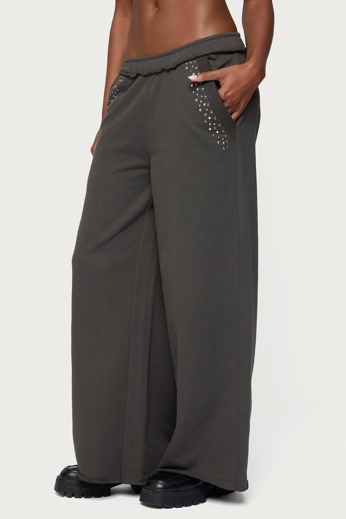 Wrenn Studded Wide Leg Sweatpants - Cotton Polyester, Rolled Hem