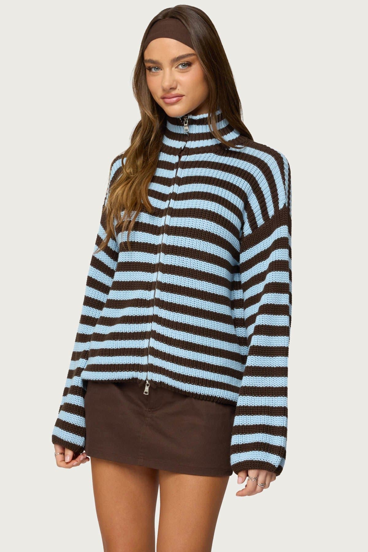 High Neck Striped Zip Up Cotton Knit Sweater