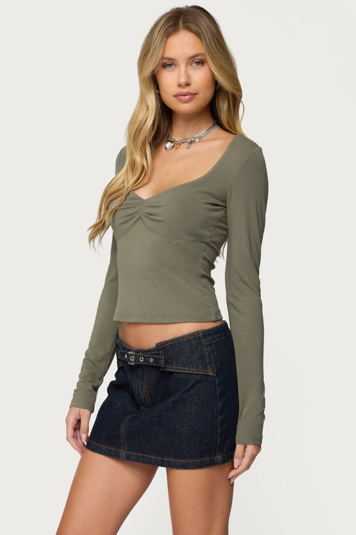 Zelly Deep V Scoop Neck Long Sleeve Top - Rayon Spandex Gathered Center Underbust