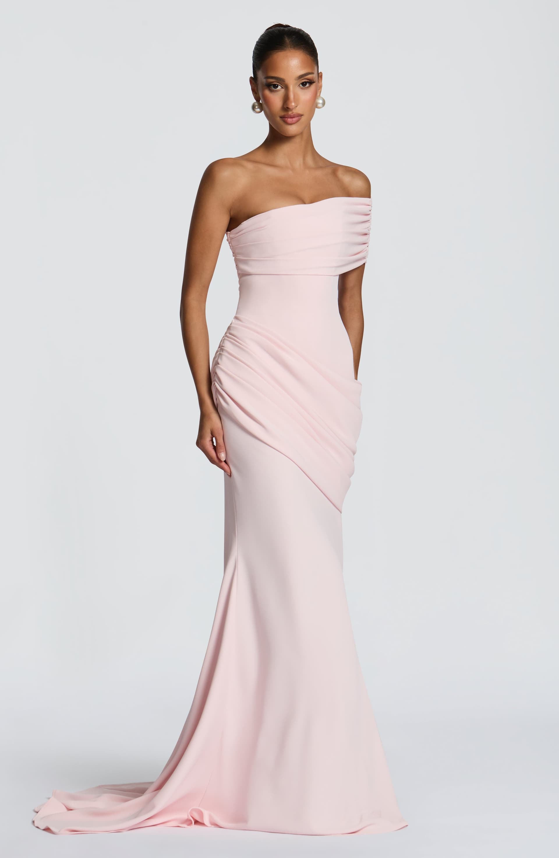 Kasia Blush Gown - Asymmetric One-Shoulder Corset Bodice Crepe Maxi Dress with Train