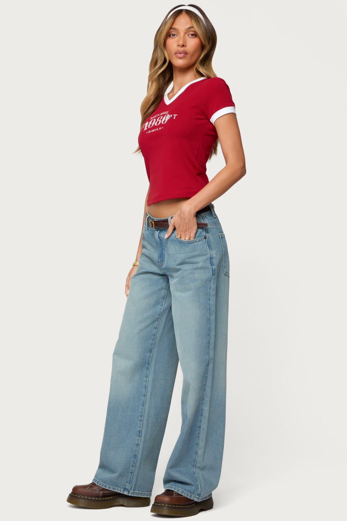 Santa Monica V-Neck T-Shirt with 1980 Los Angeles Graphic, Cotton-Spandex