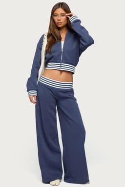 Eloura Stripey Sweatpants - Wide Leg Fit, Striped Ribbed Waistband, Cotton Polyester, Size S Inseam 32.3"