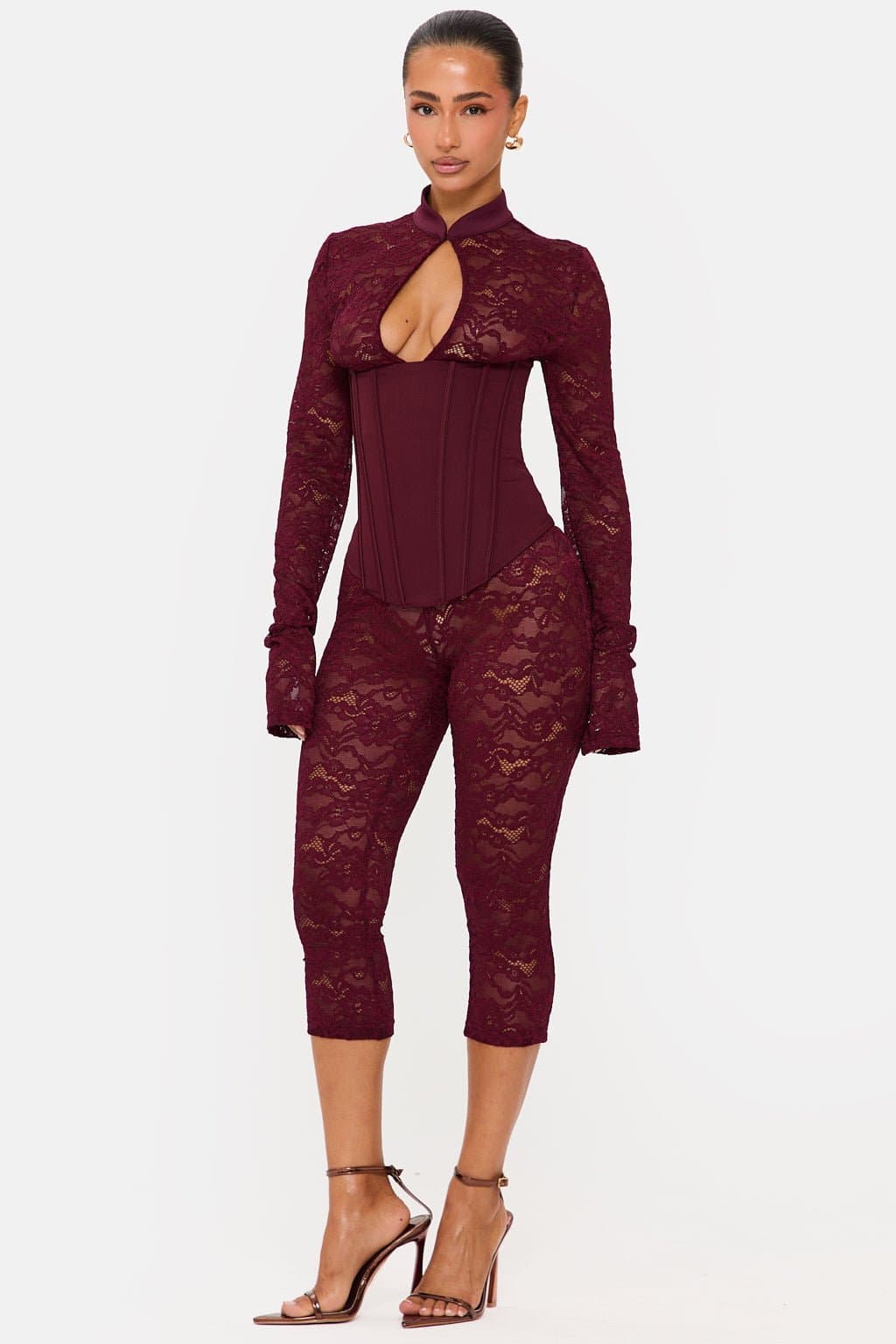 Jagger Long Sleeve Lace Capri Jumpsuit High Neck Keyhole Corset Back