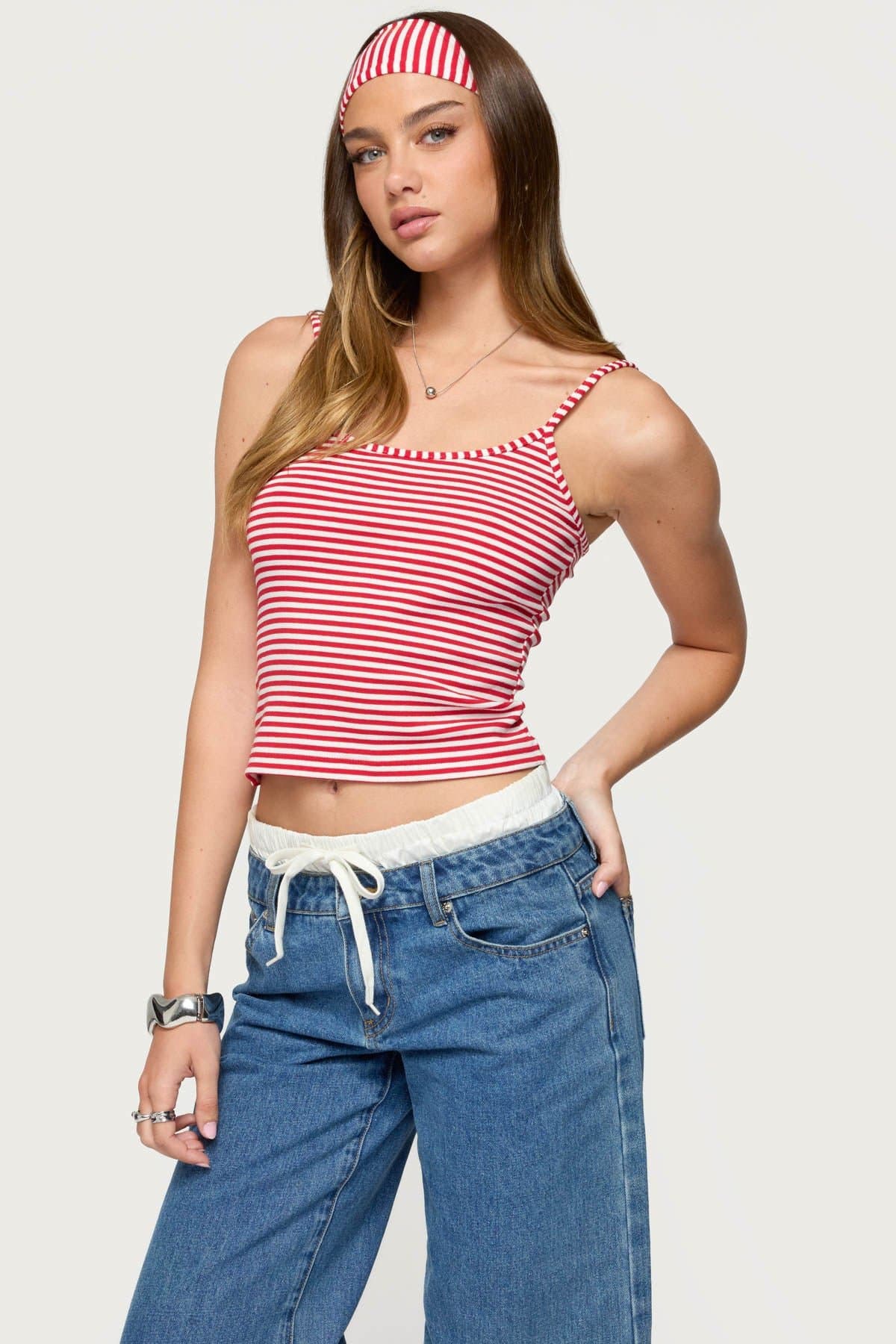Two Piece Striped Headband Tank Top with Adjustable Straps Cotton Spandex