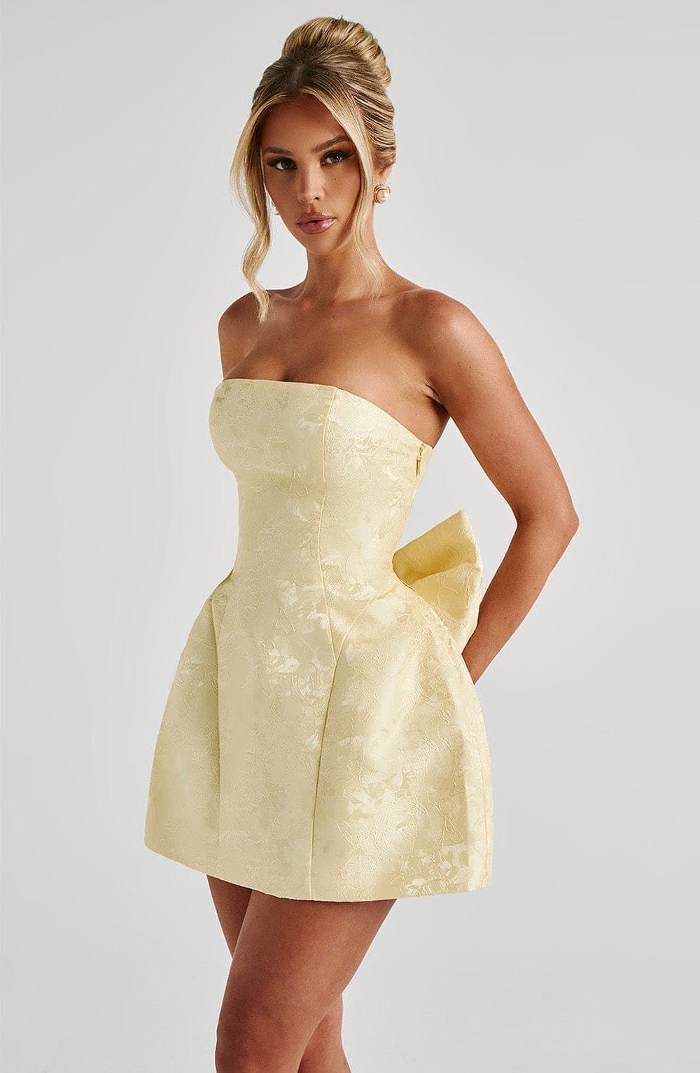 Elenora Mini Dress in Lemon - Strapless Floral Jacquard with Lace-Up Back