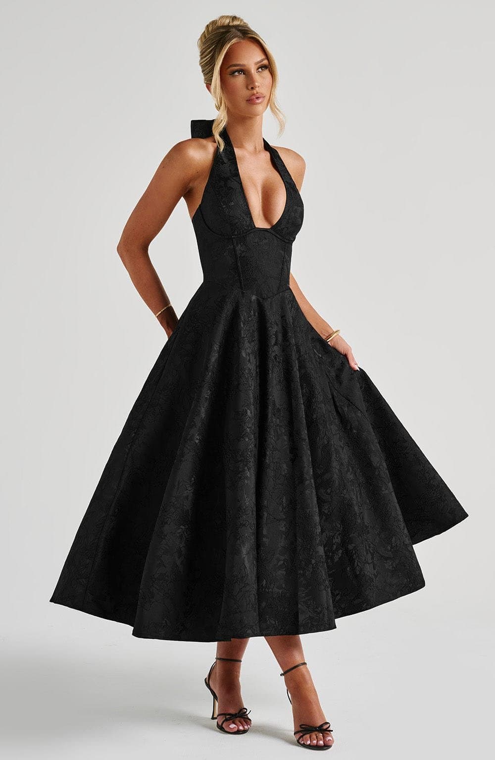 Effie Midi Dress in Black - Plunge Halter Neckline, Lace Up Back, Full Skirt
