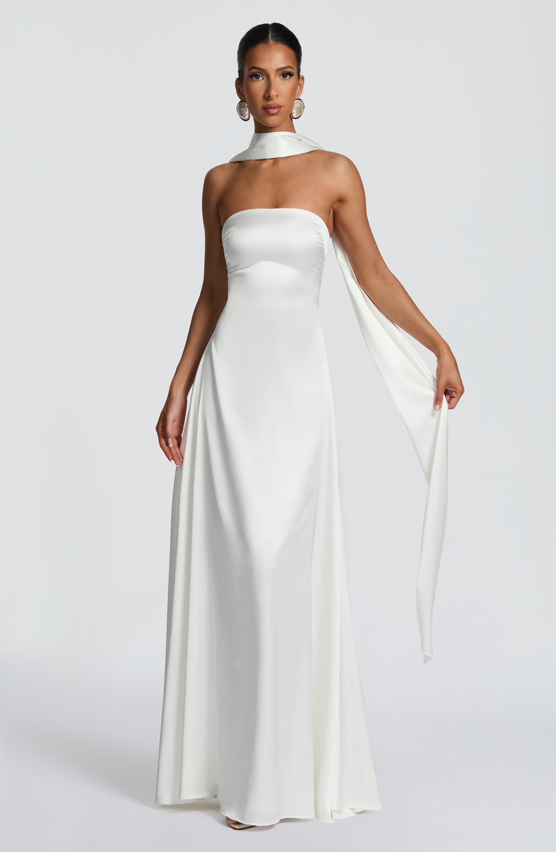 Morven Maxi Dress in Ivory - Strapless Satin A-Line with Lace-Up Back