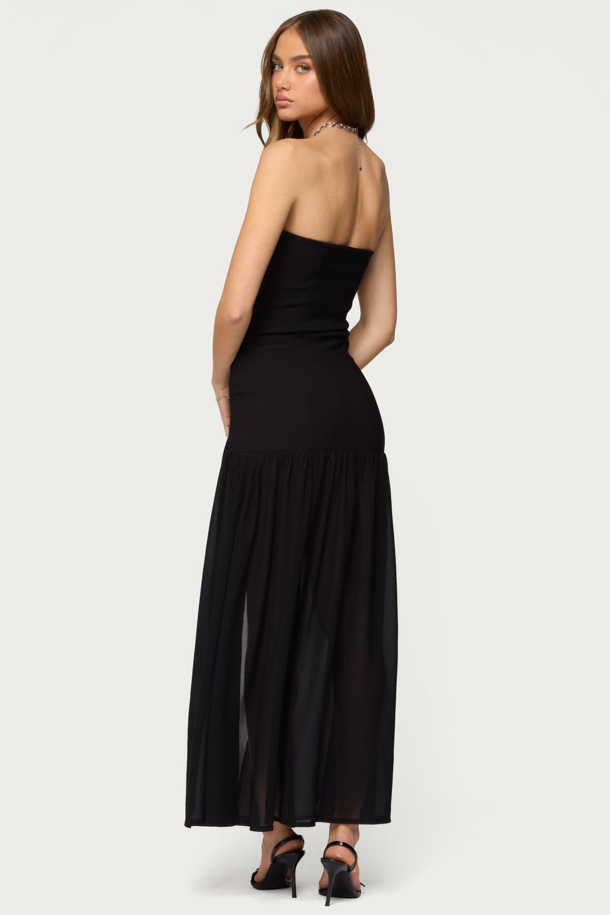 Marisa Strapless Fitted Bodice Maxi Dress with Side Slit Polyester Spandex