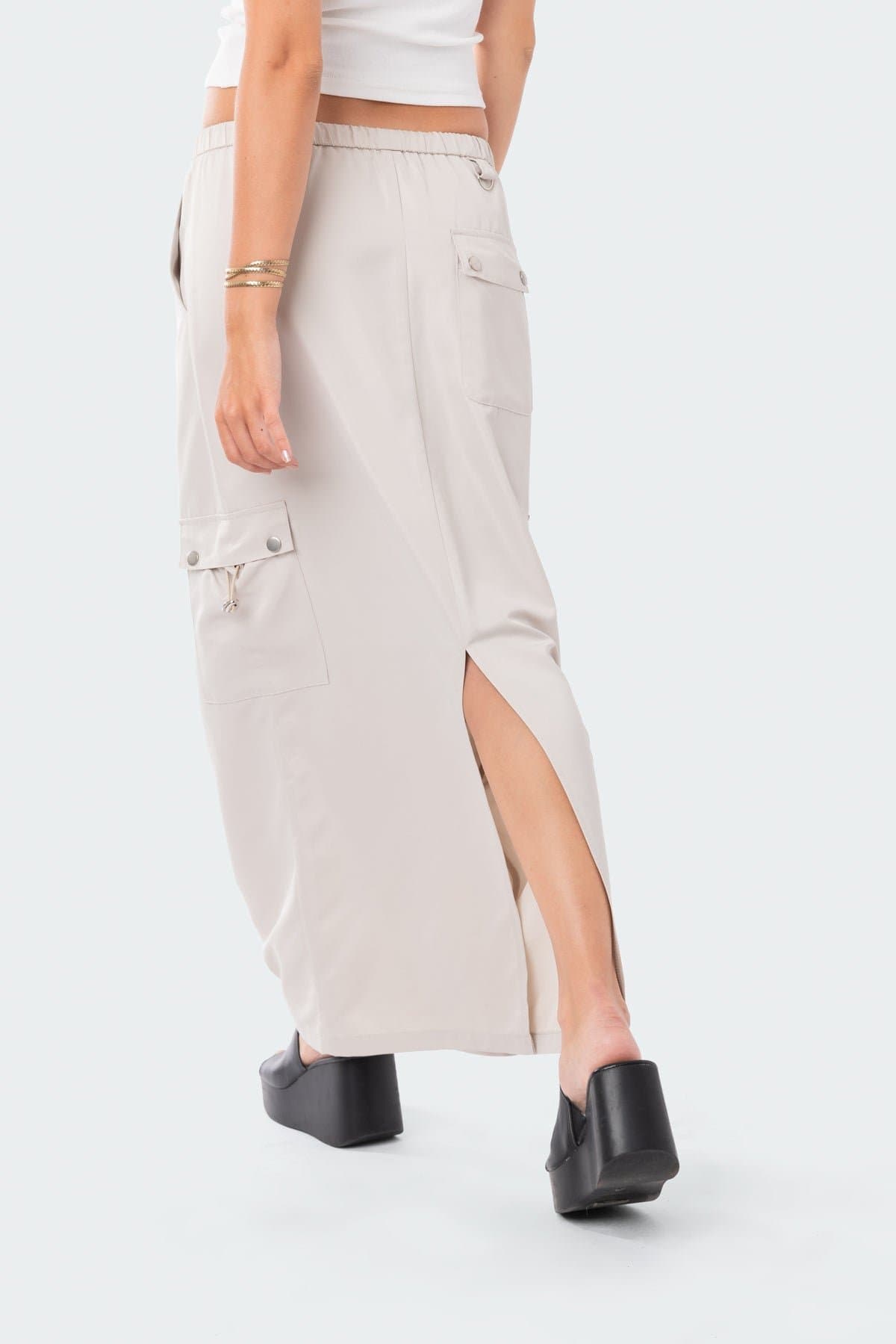 Demi Cargo Maxi Skirt - Polyester Rayon Drawstring Waistband Cargo Pockets