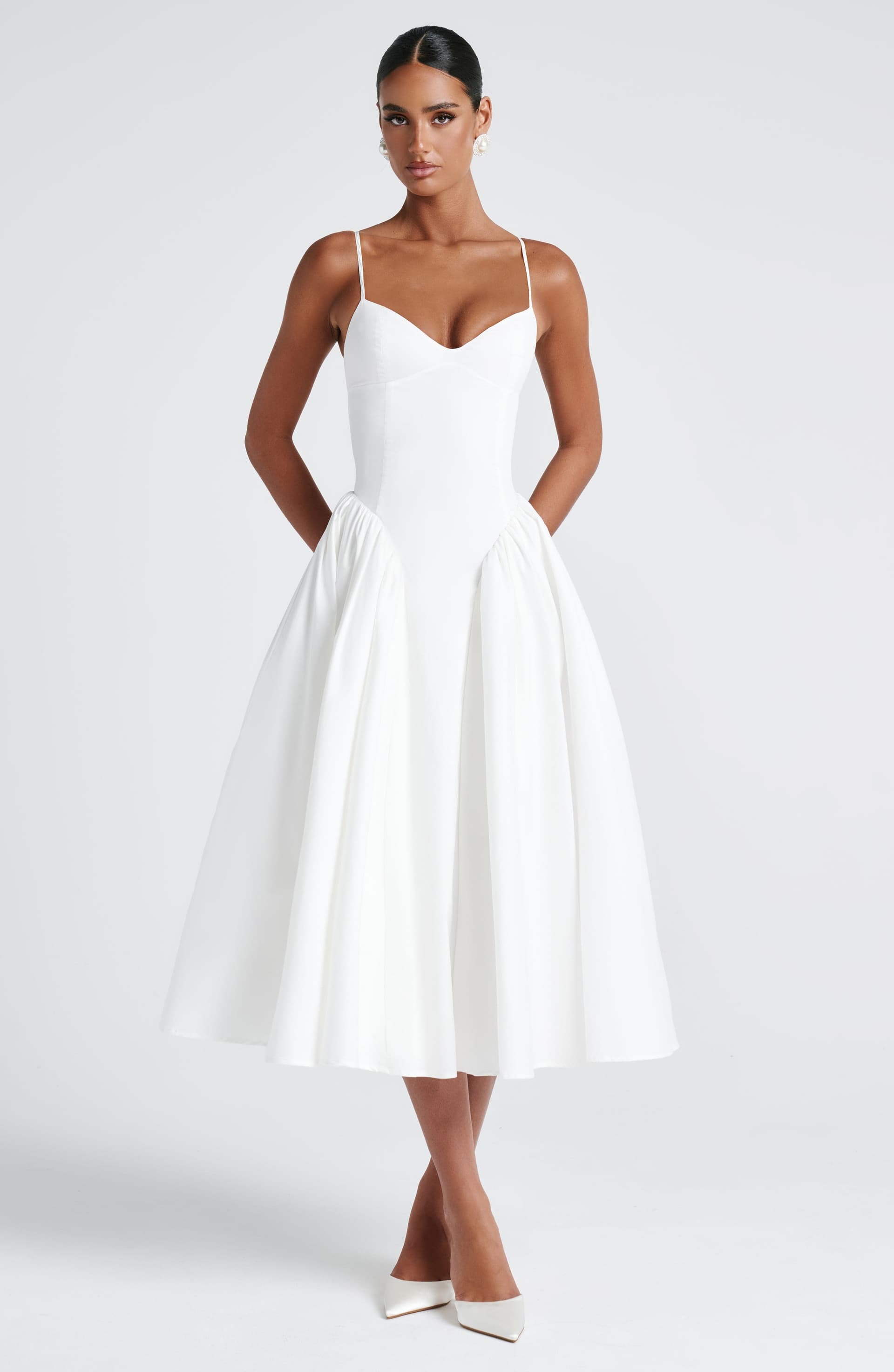 Emerson Midi Dress in Ivory - Sweetheart Neckline Lace-Up Back Dropped Waist
