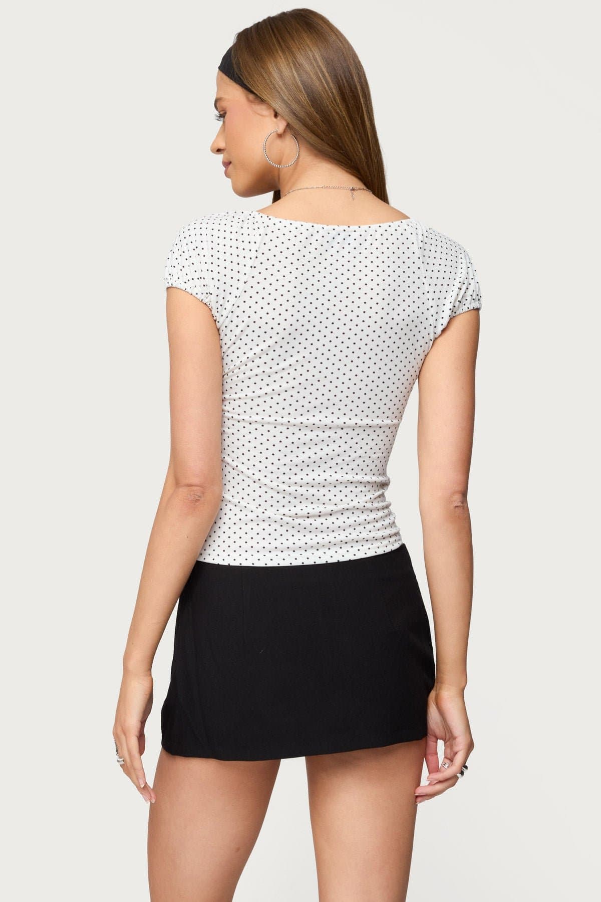 Stefania Polka Dot Top - Square Neckline Short Puff Sleeves Ruched Bust Polyester Spandex