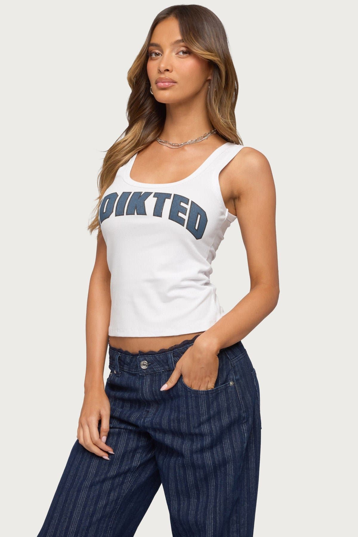 Edikted Girly Ribbed Tank Top with Graphic Text - Cotton Spandex