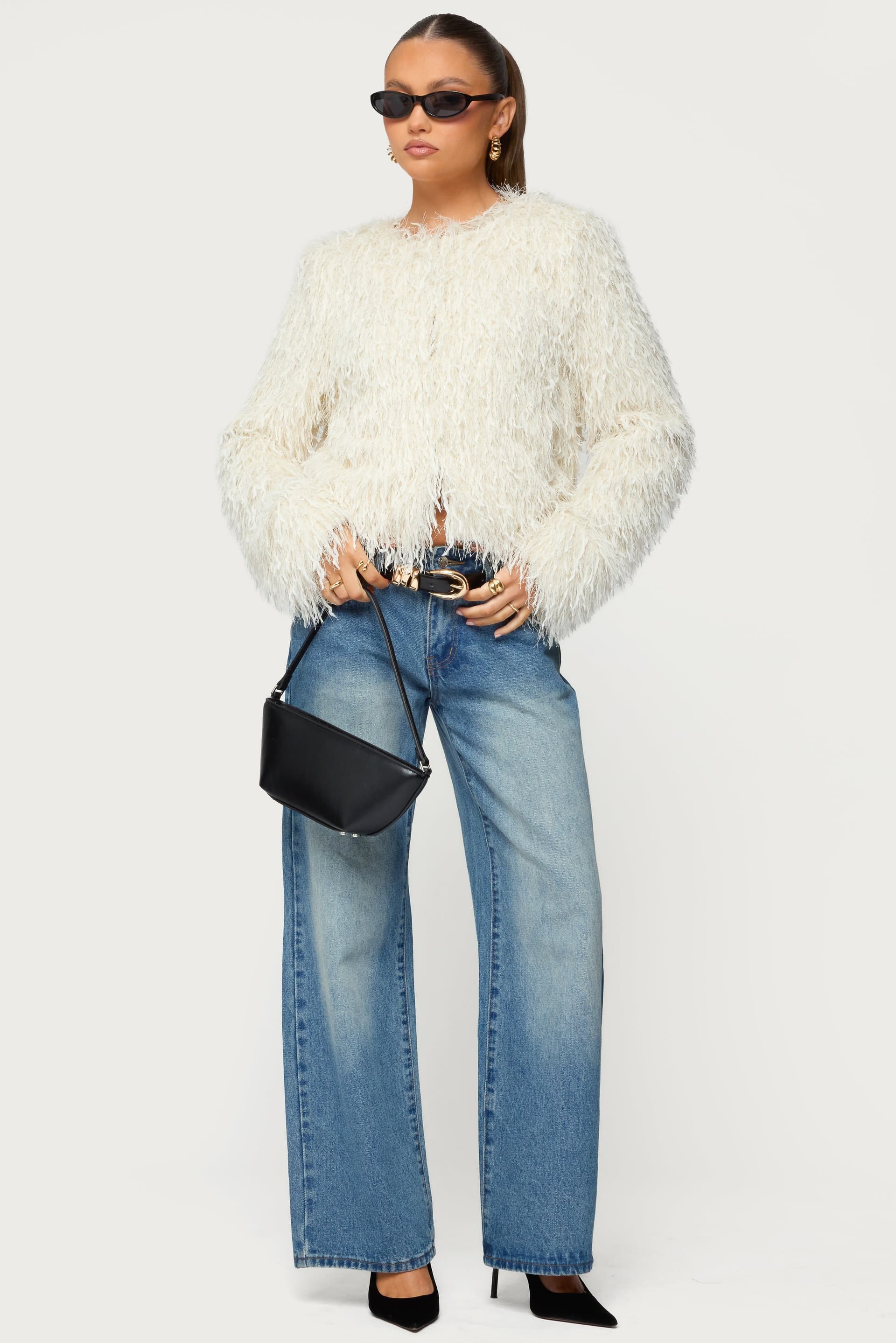 Aleandra Fringed Faux Feather Jacket - Polyester with Metallic Detailing