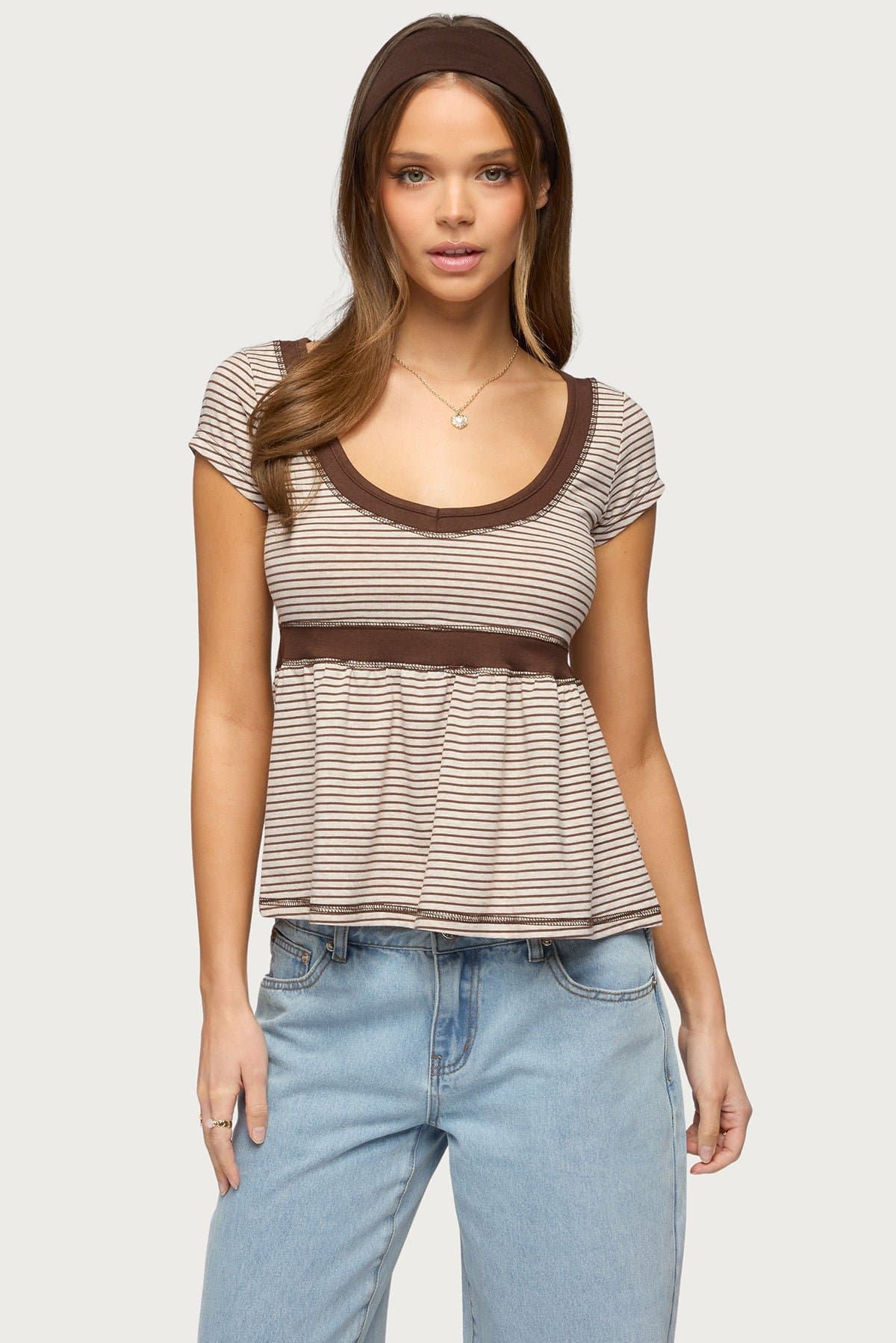 Sady Contrast Striped Babydoll Top - Cotton Spandex Women's Blouse Size S