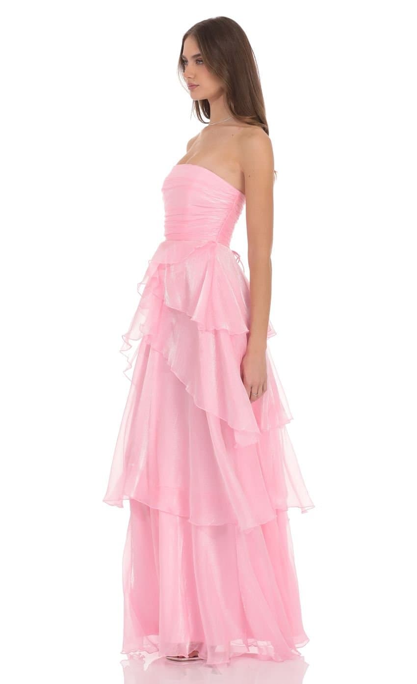 Corset Petal Ruffle Strapless Maxi Dress in Pink