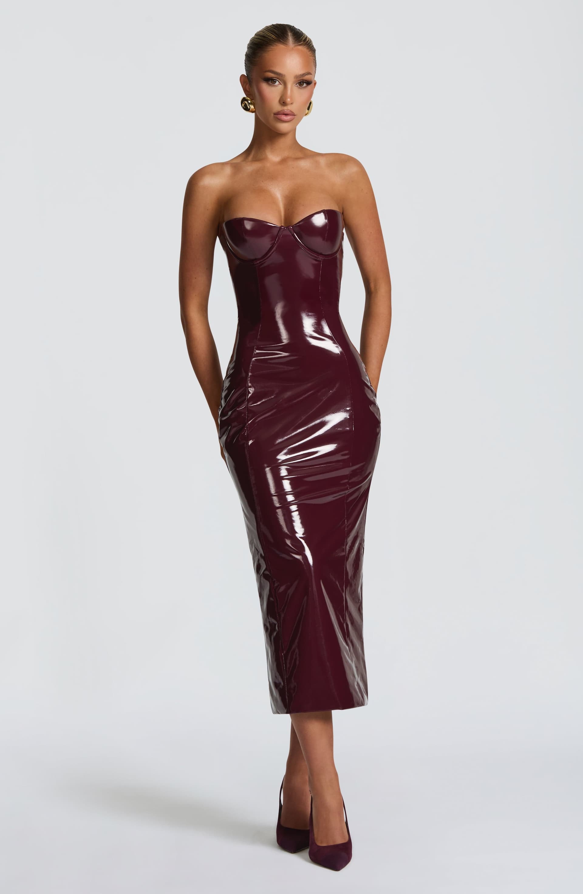 Amala Midi Dress in Cherry Lacquer - High-Shine Vinyl with Underwired Cups