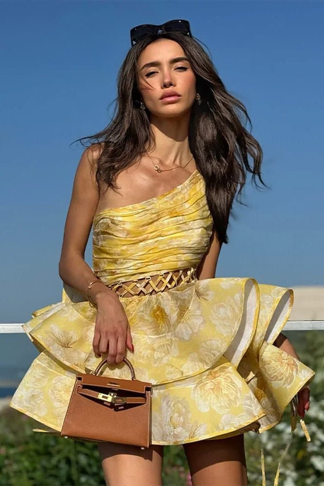 One Shoulder Hollow Ruffle Floral Mini Dress - Slim Fit A-Line Polyester