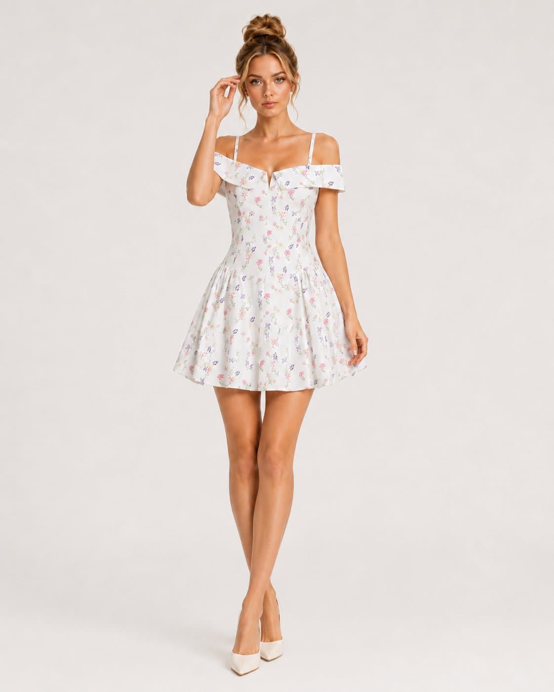 Women's Floral Mini Dress – Off Shoulder Sweetheart Neck Fitted Bodice A-Line Skirt Spaghetti Strap Dress