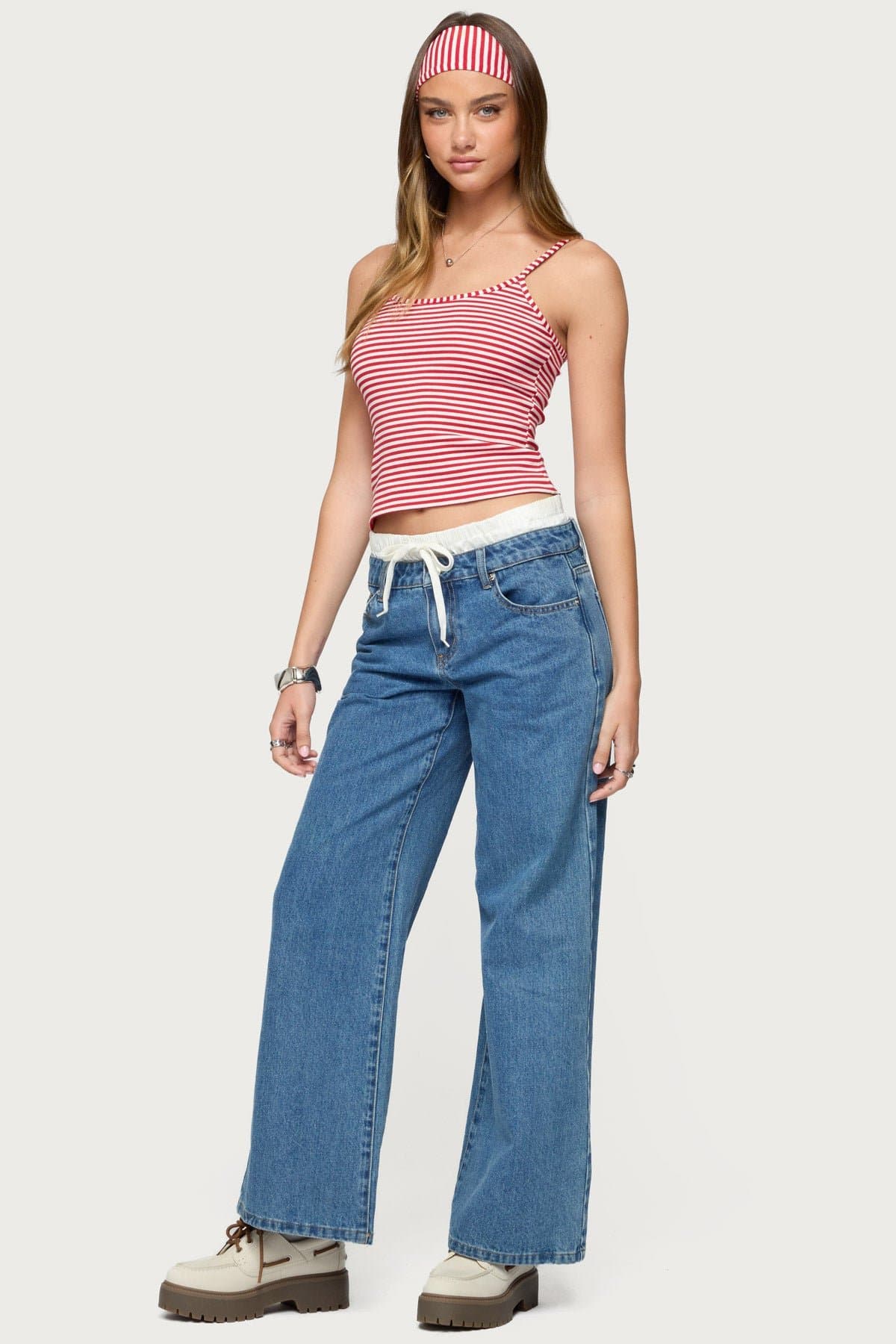 Two Piece Striped Headband Tank Top with Adjustable Straps Cotton Spandex