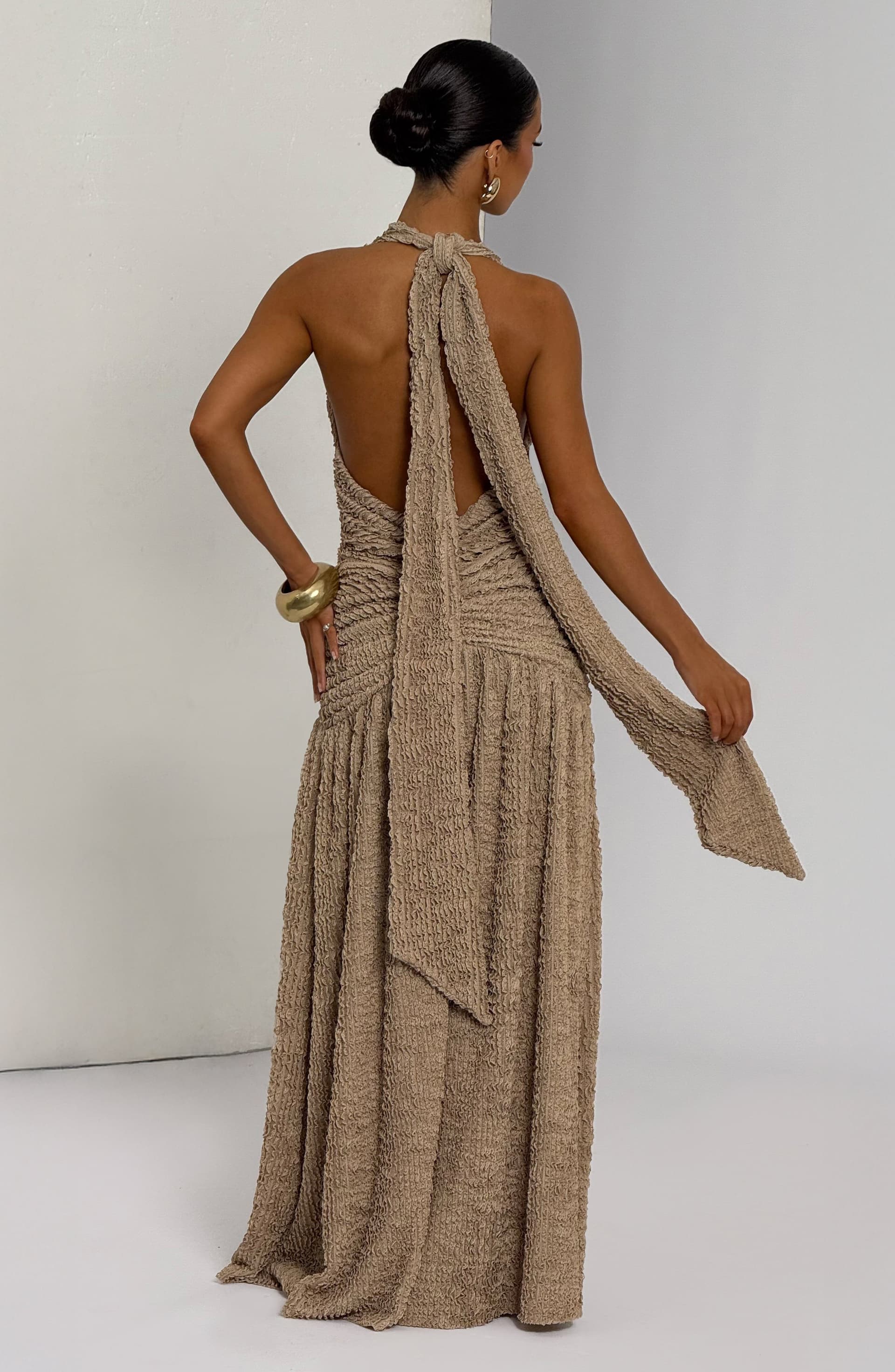 Minerva Maxi Dress Beige Textured Fabric Plunge Neckline Thigh Split Halterneck