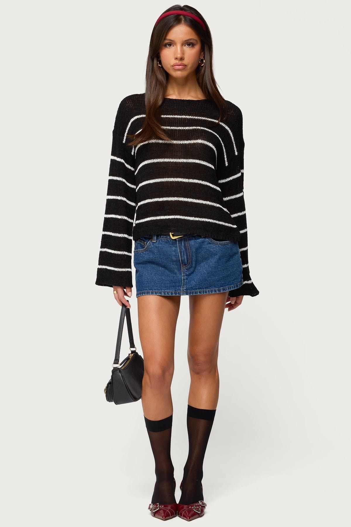 Drop Shoulder Light Knit Striped Sweater - Relaxed Fit Polyester Rayon
