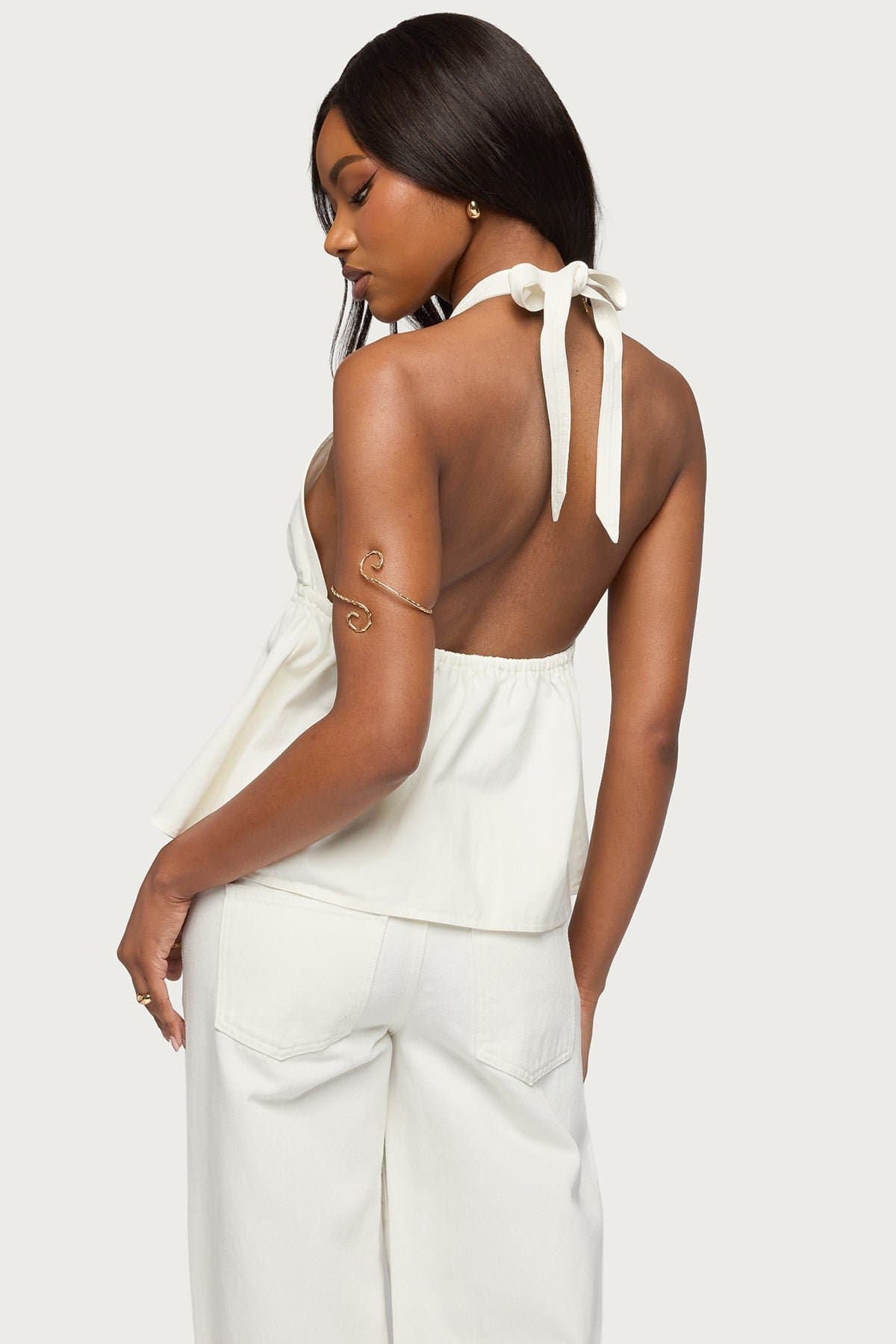 Safia Denim Halter Top - 100% Cotton with Neck Tie Closure and Tie Front Detail