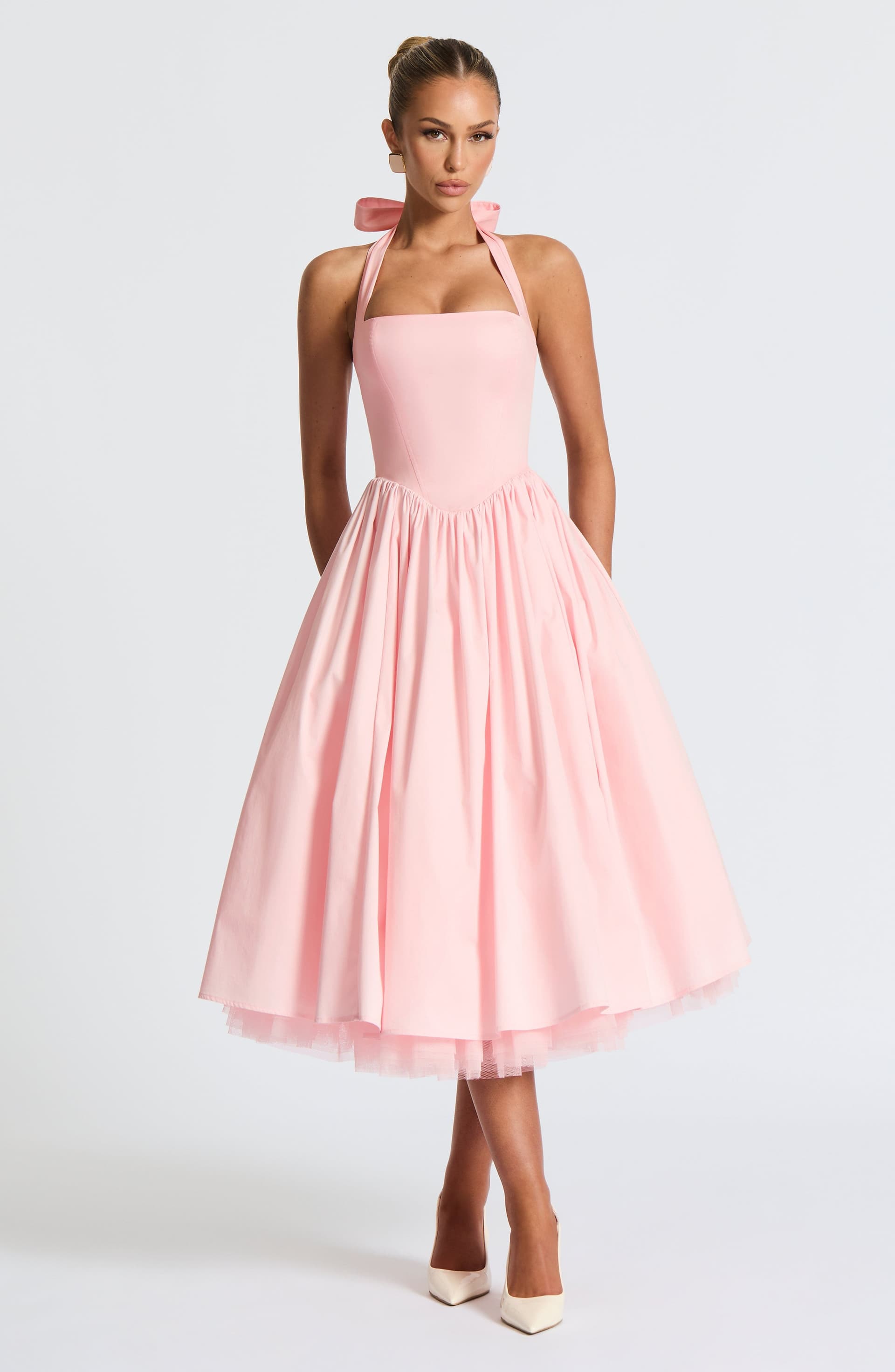 Cressida Midi Dress in Blush - Cotton Nylon Elastane Voile, Square Halter Neck, Lace Up Back