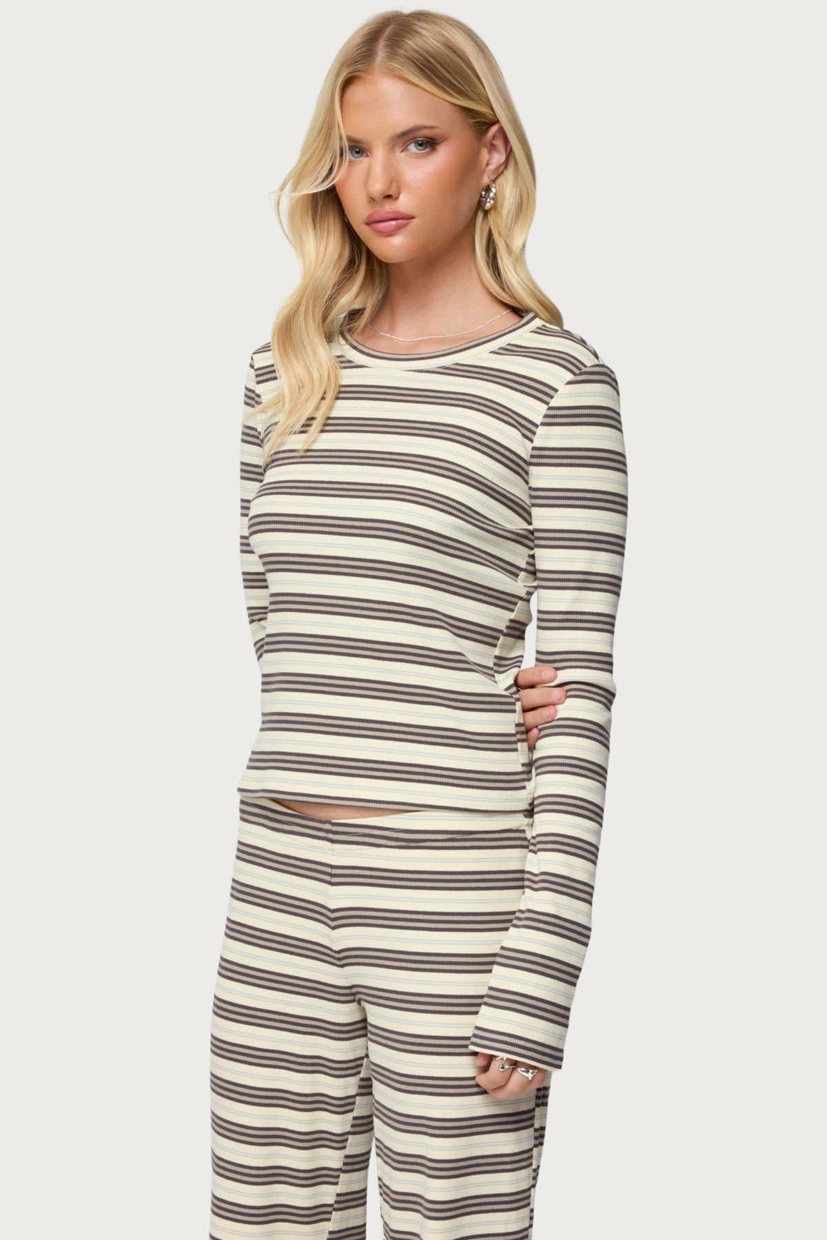 Avalie Striped Ribbed Long Sleeve T-Shirt - Cotton Spandex Loungewear Top