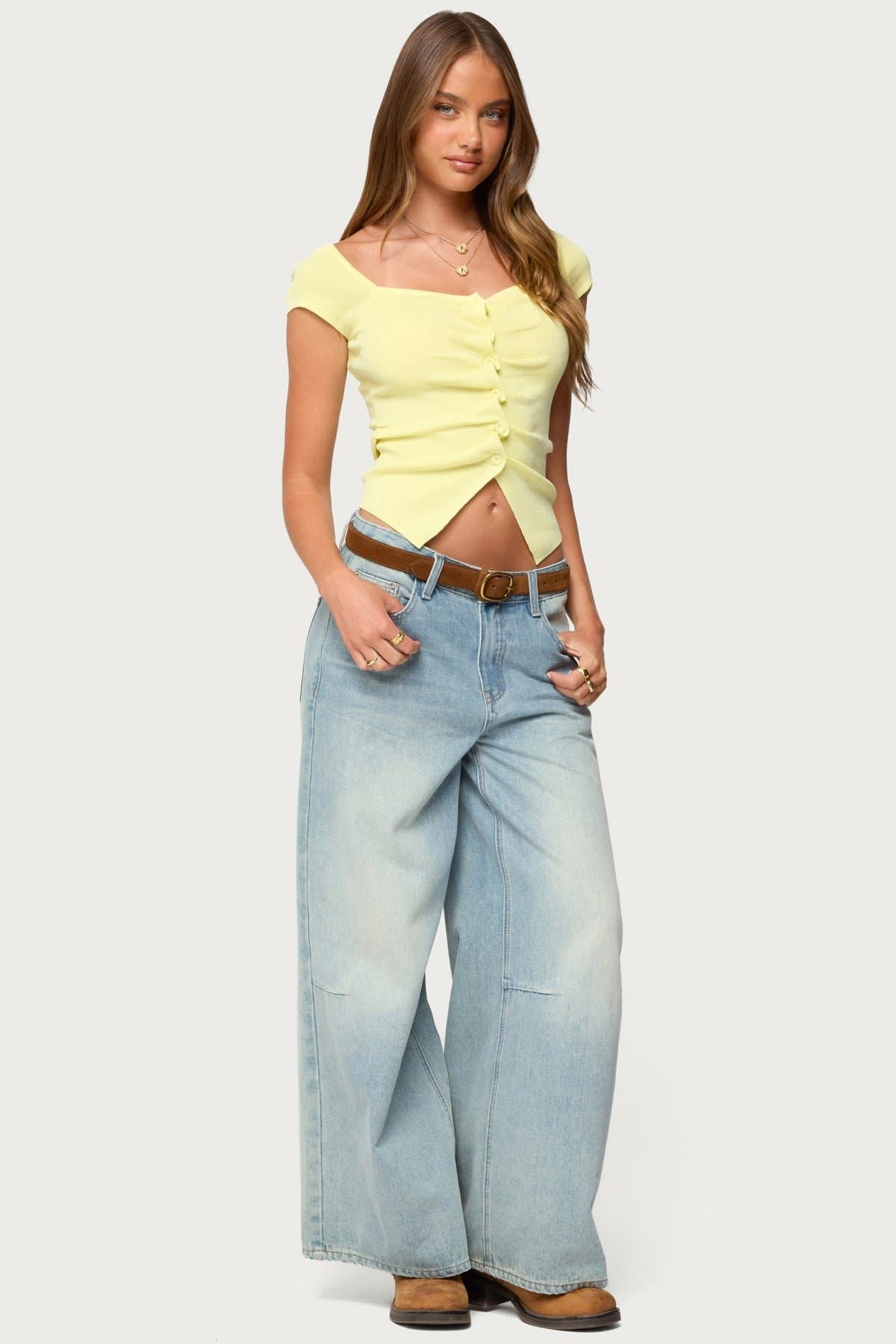 Lilibet Sweetheart Button Up Top - Short Sleeve Knit Rayon Polyester