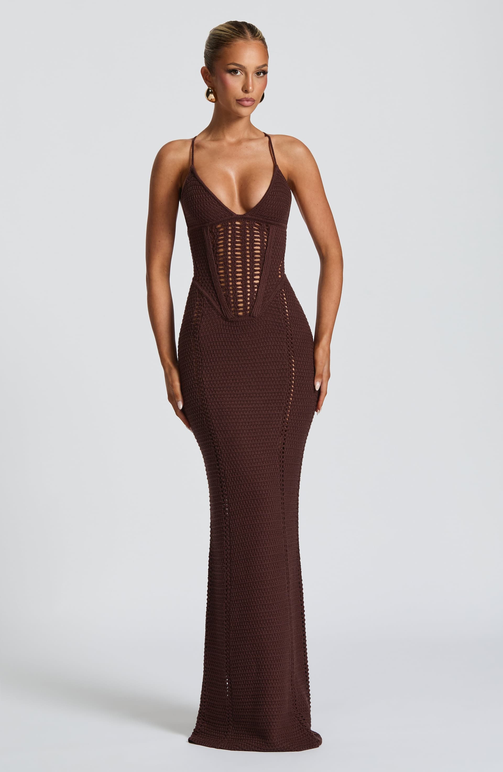 Xanthe Maxi Dress in Plum Brown - Faux Crochet Knit, Lace Up Back, Bodice Boning
