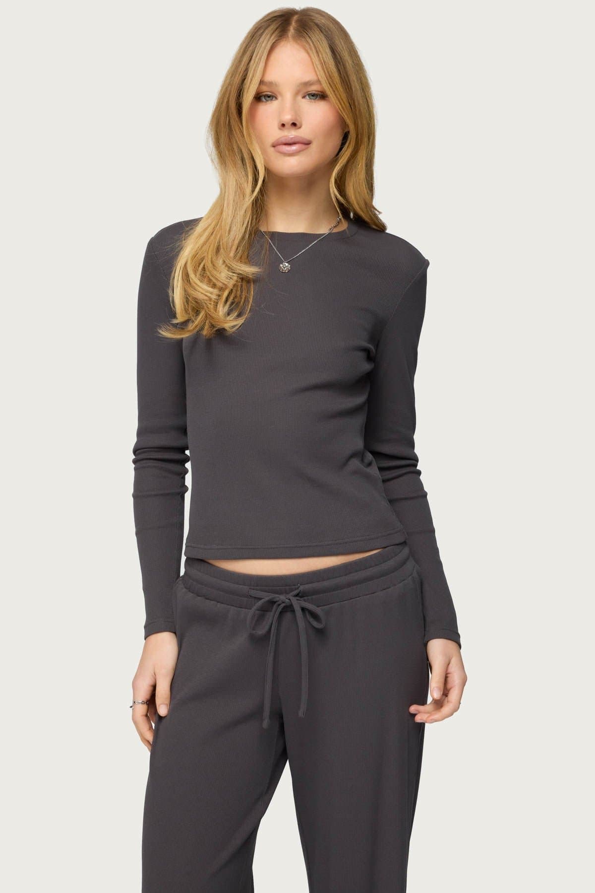 Cicilia Long Sleeve Ribbed T-Shirt - Cotton Polyester Spandex Loungewear Top