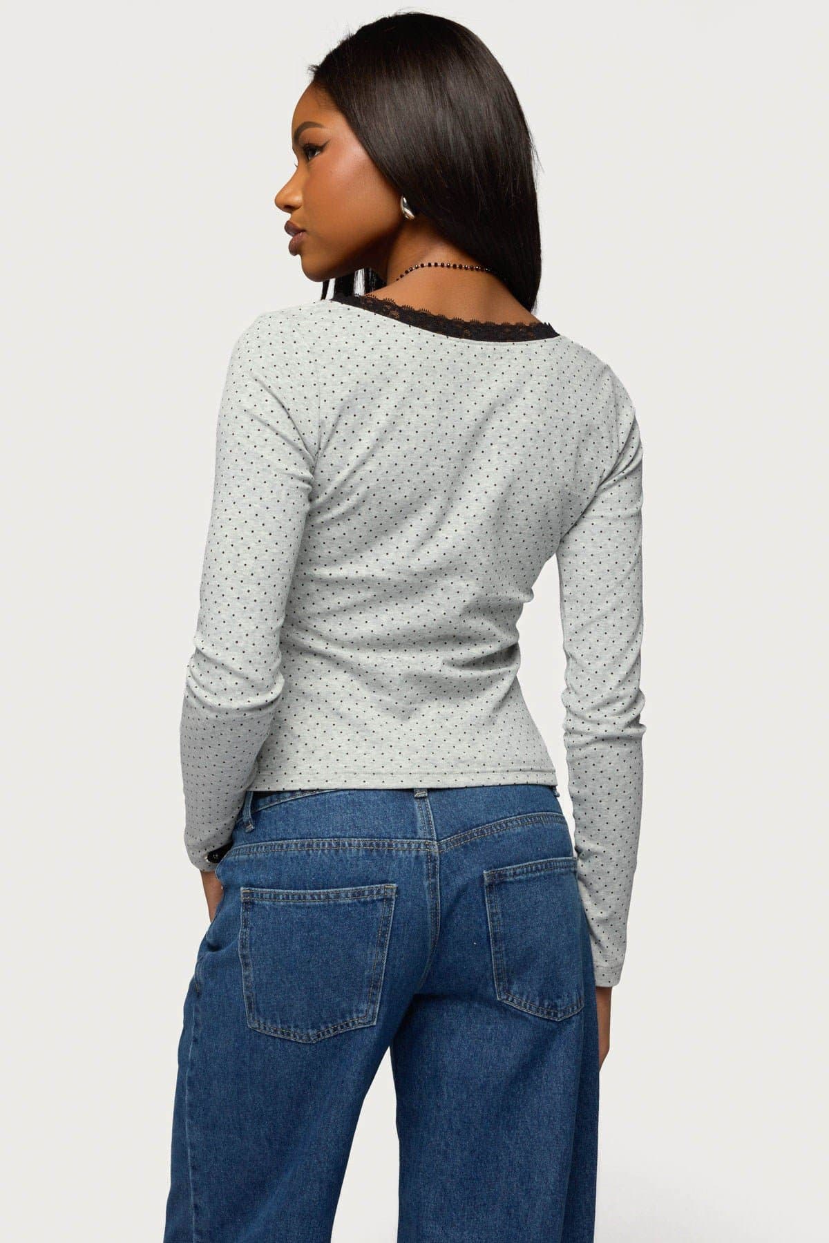 Morah Lacey Polka Dot Long Sleeve V-Neck Top - Cotton Polyester Spandex