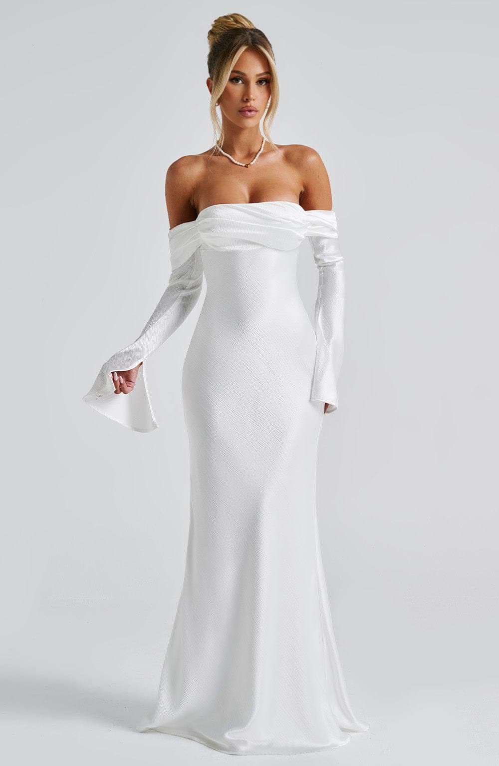 Selene Maxi Dress in Ivory - Textured Satin Bardot Neckline Long Sleeve