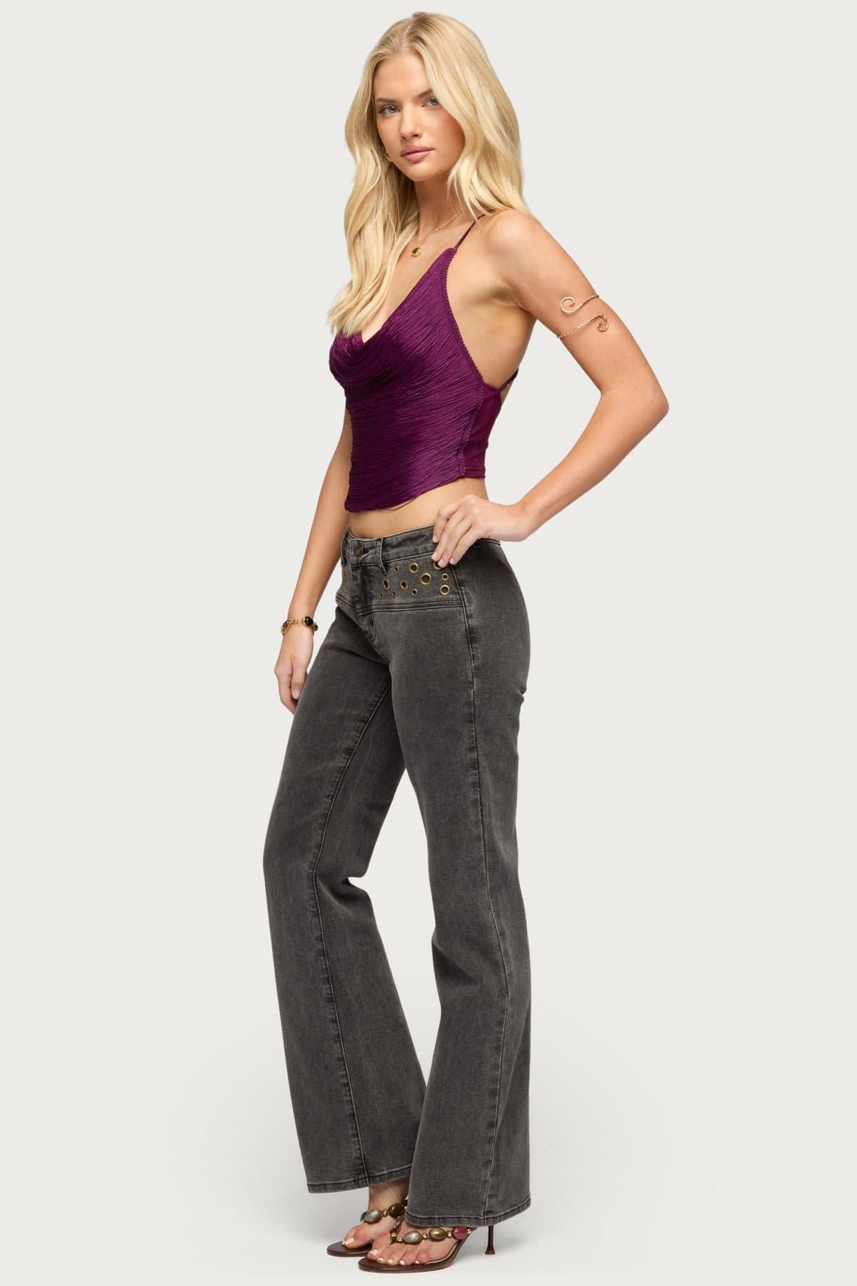 Grommet Mid Rise Straight Leg Jeans in Stretchy Cotton Polyester Spandex Denim