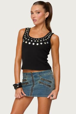 Beach Babe Scoop Neck Tank Top with Iridescent Buttons Ribbed Polyester Spandex