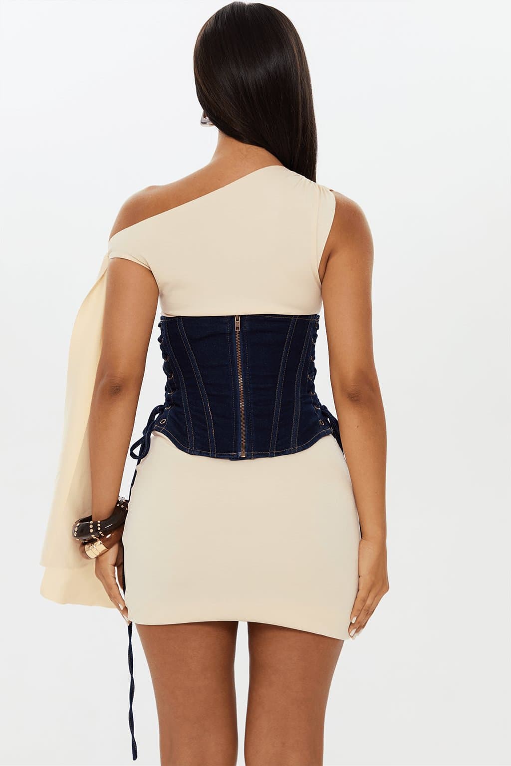 Contour Denim Corset with Boning Drop Basque Waist Lace Up Sides