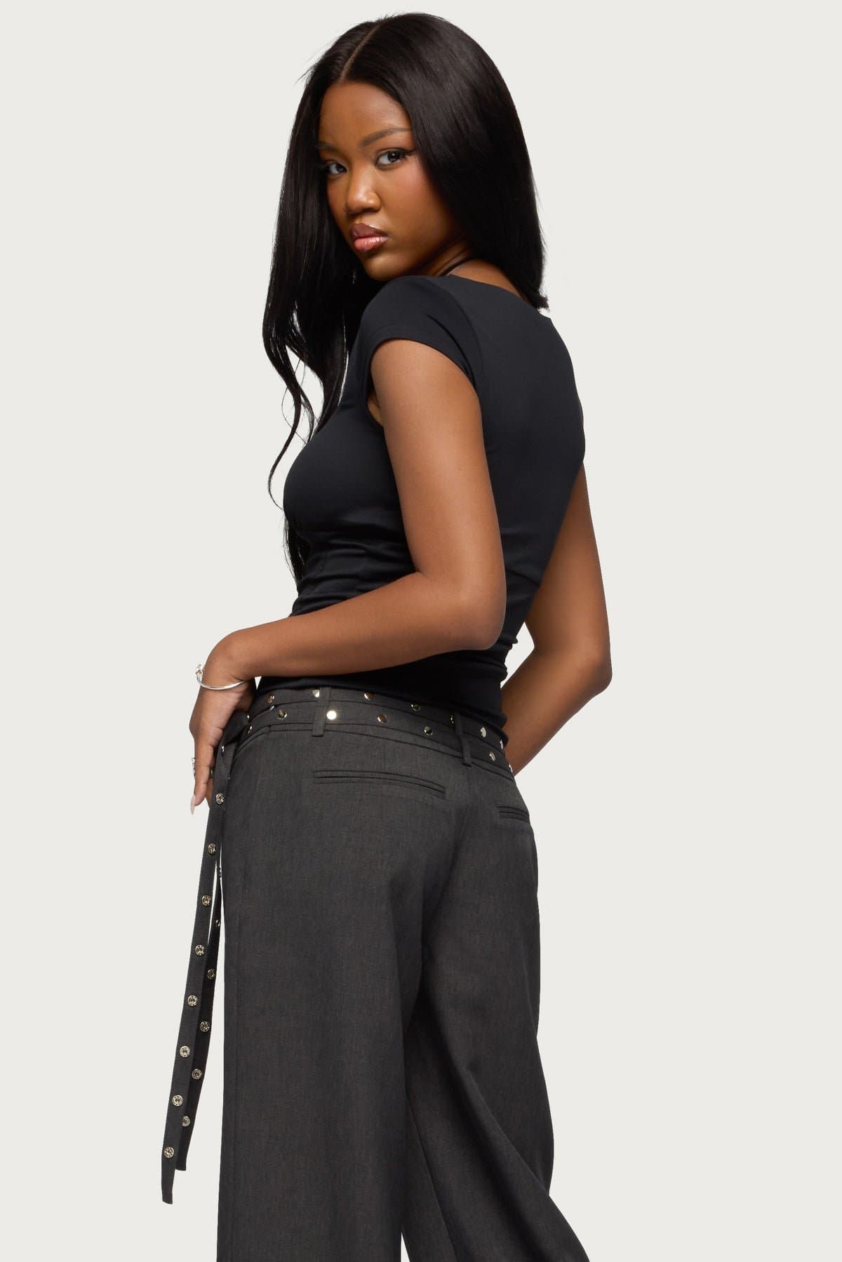 Laiah Square Neck Top with Center Bow and Underbust Stitching Nylon Spandex