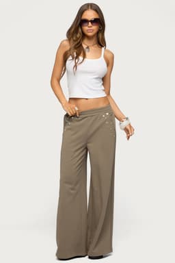 Zania Iridescent Button Sweatpants - Elastic Waist Wide Leg Cotton Polyester