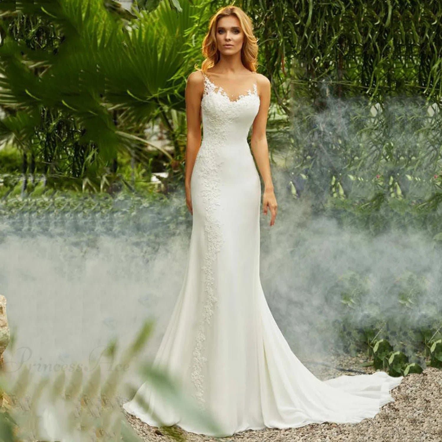 Round Neck Lace Mermaid Bridal Wedding Dress with Small Train