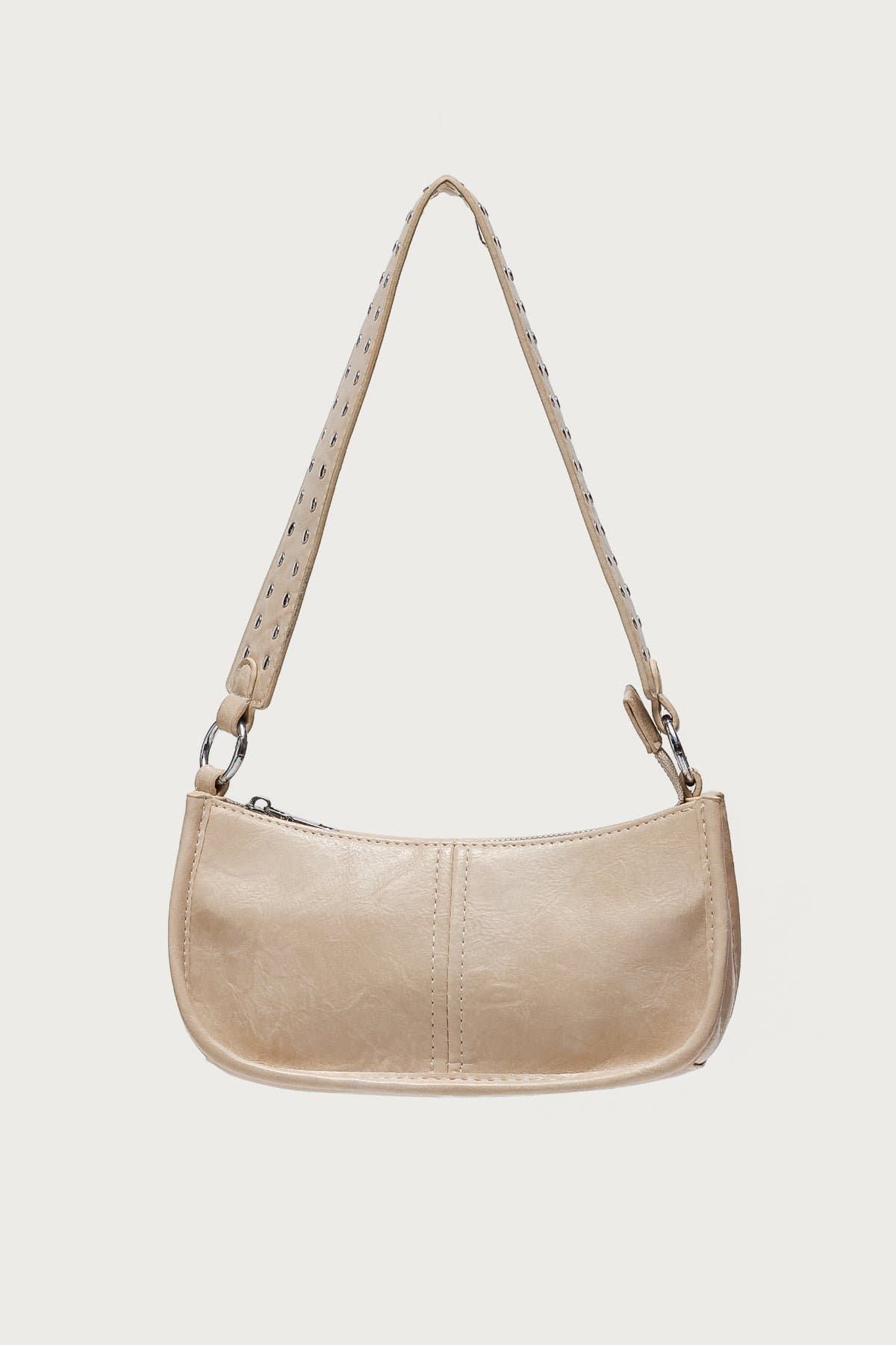 Studded Strap Faux Leather Bag - 9.6" Width, Polyurethane