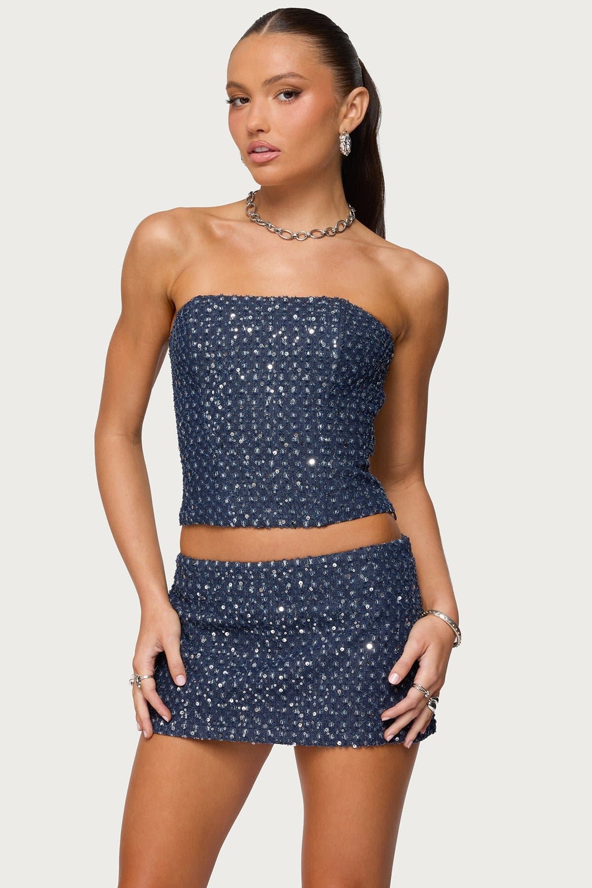 Sora Sequin Distressed Denim Corset - Boned Strapless Top with Lace Up Back